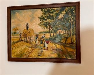 South American oil painting of wheat harvest