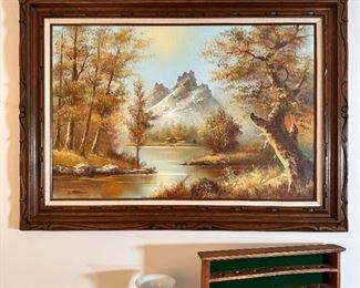 Large mountain landscape oil painting by E. Gibson