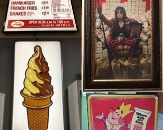 In-N-Out Lighted Drive-thru Sign, Alice Cooper Framed White Castle Hall of Fame Picture, Burger King Sign, 6-foot-tall lighted Dairy Queen Ice Cream Cone Sign