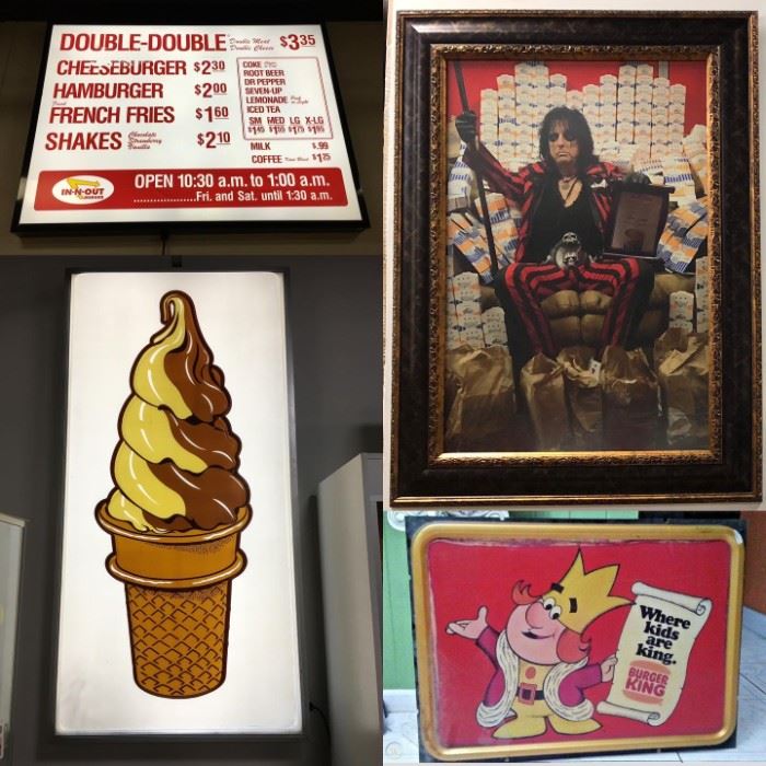 In-N-Out Lighted Drive-thru Sign, Alice Cooper Framed White Castle Hall of Fame Picture, Burger King Sign, 6-foot-tall lighted Dairy Queen Ice Cream Cone Sign
