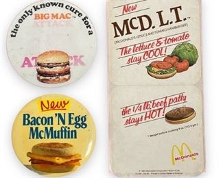1978 Big Mac Attack Pin + New Bacon 'N Egg McMuffin Pin +1984 McDonald's McDLT Double Box Sticker