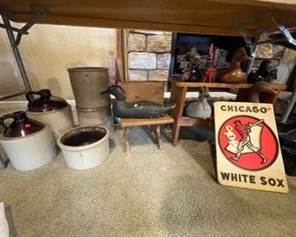 Various size stoneware crocks, wood painted ducks, Chicago White Sox sign. 