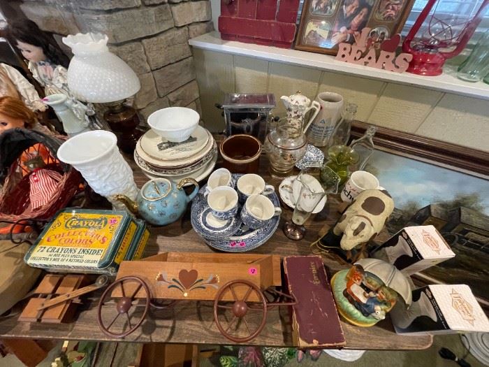Variety of antique dishes, vases, toys, etc.