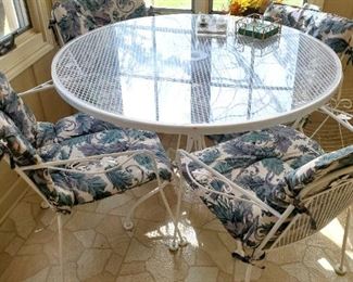 White Wrought Iron Glass topped table 4 chairs