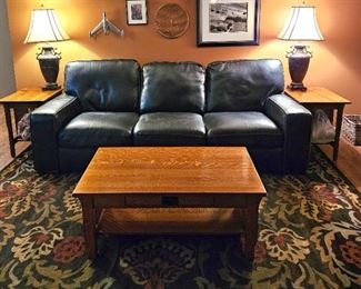 Black Leather Sofa ~ 2 End Tables ~ 1 Coffee Table ~ 2 Lamps ~ Rug