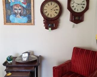 A set of nesting / stacking tables and two regulator clocks- one by New Haven
