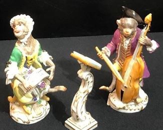 "Monkey Orchestra: Cello Player with Music Stand, and Singer. Meissen Originals