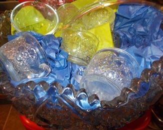 Punch bowl, 18 cups and glass ladle