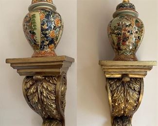 Pair Large Gold Carved Sconce's & Asian Ginger Jars
