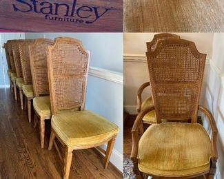 Set of 8 Stanley Mid Century Cane Back Dining Chairs with Gold Crushed Velvet 