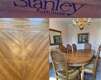 Mid Century Stanley Dining Table with 2 Leaves & 8 Cane Back Chairs