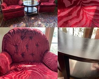 Pair Vintage/Antique Slipper Chairs Recovered in Red Textured Velvet & Round Wood/Glass 2Tiered Coffee Table