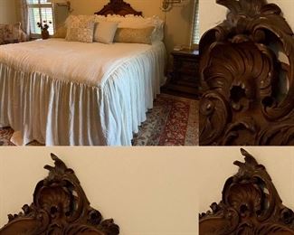 Louis XV Carved Walnut Full Size Bed with King Box Spring & Mattress