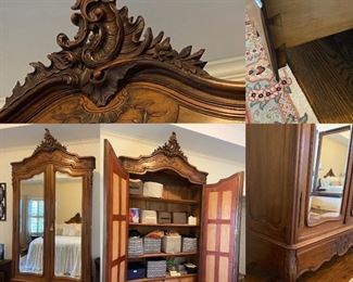 Louie XV Carved Walnut Armoire Beveled Mirrored Doors with Shelving & Drawer
