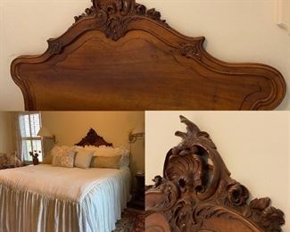 Louis XV Carved Walnut Full Size Headboard & Footboard with King Box Spring & Mattress