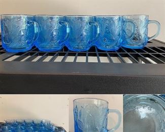 VINTAGE (set of 15 ) Ki26 Blue Glass
Coffee / Tea Mugs by Kig Indonesia;
Embossed Fruit; Ice Blue; Textured
Glasses