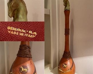 Leather Covered Glass Wine Bottle Original Made in Italy Knight Horse