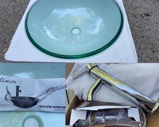 EcLife Top Mount Glass Sink with Faucet-Open Box Never Installed 