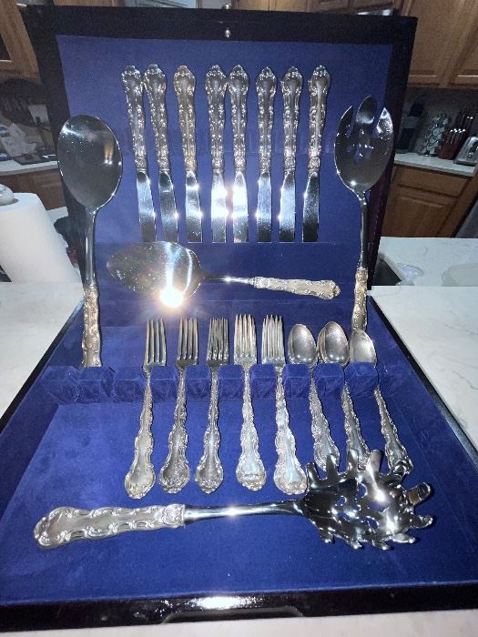 Gorham Strasbourg Sterling Silver Flatware 8 Place Setting with salad fork and spoon pie server and pasta server beautiful set