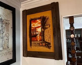 Mid century sewn or stitched art of a boat scene in a cool frame