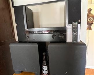 Klipsch subwoofer pair & 2 center channel speakers. Sony receiver with remote.