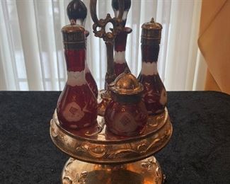 Silver Plate Ruby Cut to Clear Glass Castor Set 