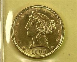 1906 US $5 Gold Liberty Coin, Nice Luster