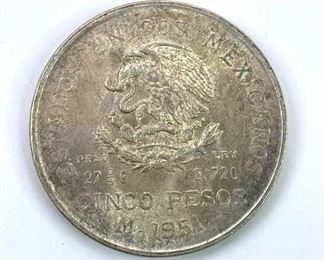 1951 Mexico Silver 5 Peso Coin AU+ Nice Luster