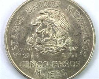 1952 Mexico Silver 5 Peso Coin AU+ Nice Luster