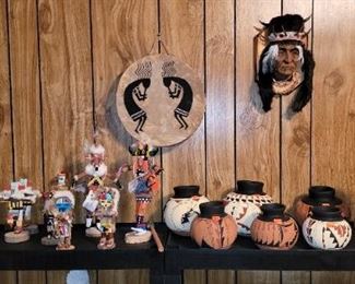 Kachina dolls, signed pottery from Mexico 