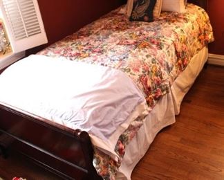 Pair of Mahogany twin beds with Ralph Lauren bedding.