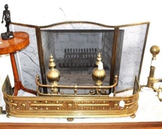 Brass andirons and fireplace fenders and screen.