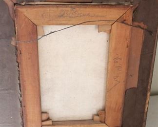 Backside of previous oil painting pictured. Reads - "May Day" by S. Engania.