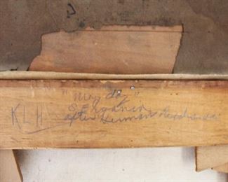 Backside of previous oil painting pictured. Reads - "May Day" by S. Engania.