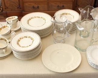 Wedgwood Golden Ivy Laurel china shown with hand blown handled pitchers and more.