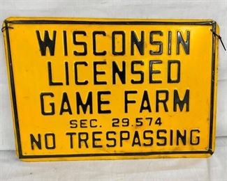EMB. WISCONSIN GAME FARM LAND SIGN