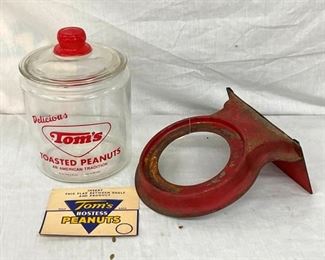 TOMS JAR W/LABEL AND HANGING HOLDER