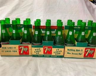 7UP CARDBOARD CARRIERS W/BOTTLES 