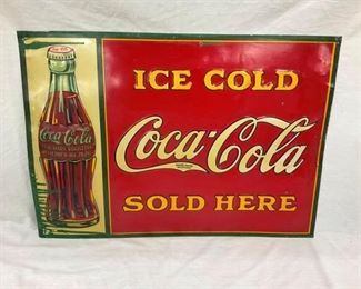 EMB. 28X20 ICE COLD COKE SOLD HERE SIGN