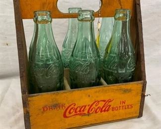 6PK WOODEN COCA CARRIER W/ BOTTLES