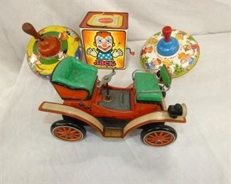 EARLY TIN CAR/TOPS/JACK IN THE BOX TOYS