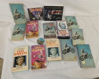 EVEL KNIEVAL BOOKS, CD, BUTTON LOT