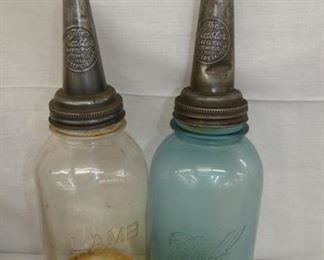 EARLY MASON JARS W/ OILER TOPPERS