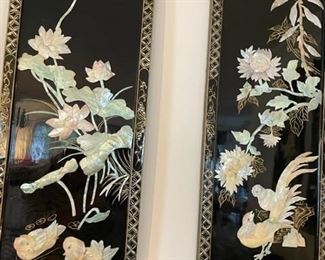 Set of four Asian black lacquer Mother of Pearl art panels.