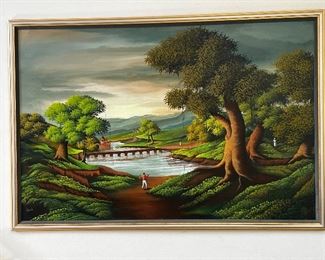 Wonderful oil on board depicting, valley scene having mountains in the background signed Lafaille