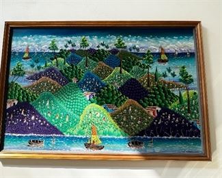 Lovely large signed oil on board detecting island scene with ships