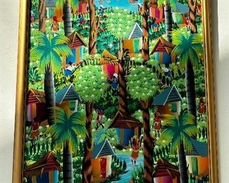 Colorful oil on board depicting village scene with ships in harbor