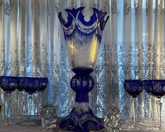 Spectacular Bohemian glass urn and sets of vintage  Bohemian wine glasses plus Baccarat crystal lion and panther