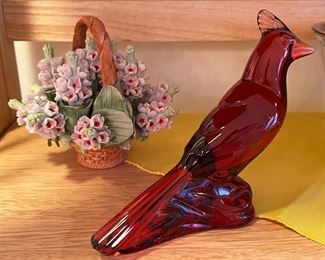 Baccarat ruby red cardinal and basket of porcelain flowers