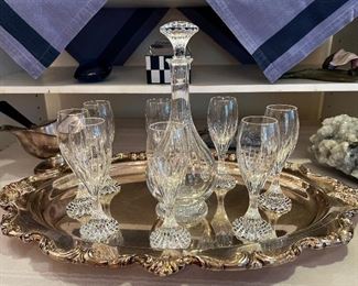 Silver plated tray with Baccarat Massena decanter and cordials